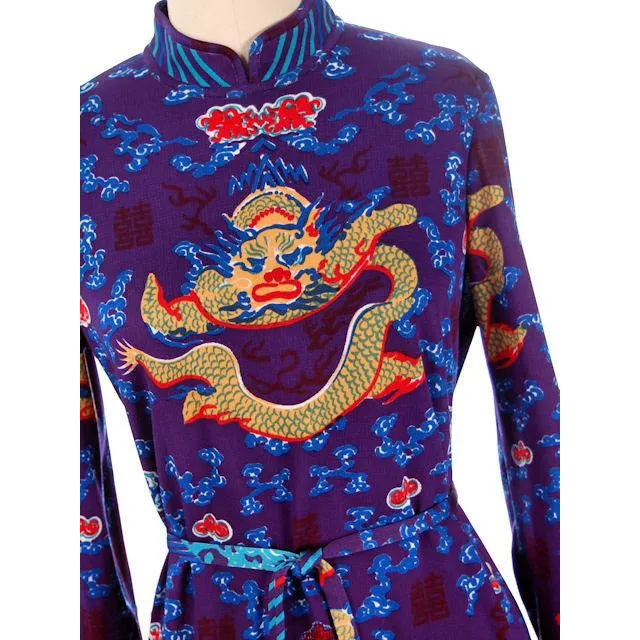 Vintage  Knit Dress Goldworm Dragon Print Blue Made in Italy 1970s M-L