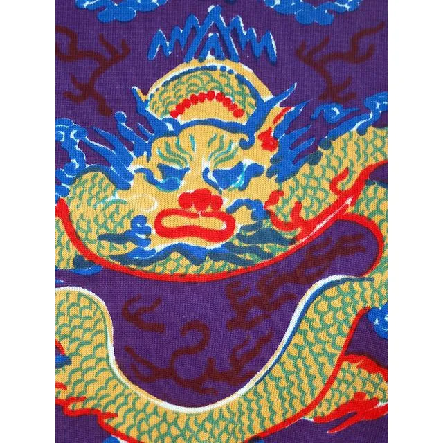 Vintage  Knit Dress Goldworm Dragon Print Blue Made in Italy 1970s M-L