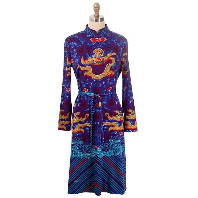 Vintage  Knit Dress Goldworm Dragon Print Blue Made in Italy 1970s M-L