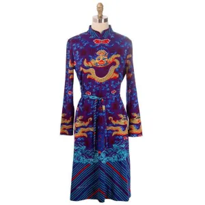 Vintage  Knit Dress Goldworm Dragon Print Blue Made in Italy 1970s M-L