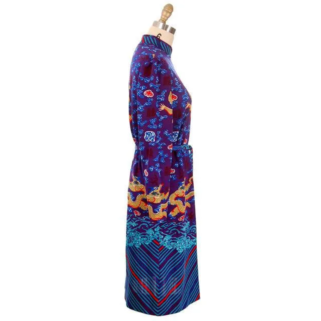 Vintage  Knit Dress Goldworm Dragon Print Blue Made in Italy 1970s M-L