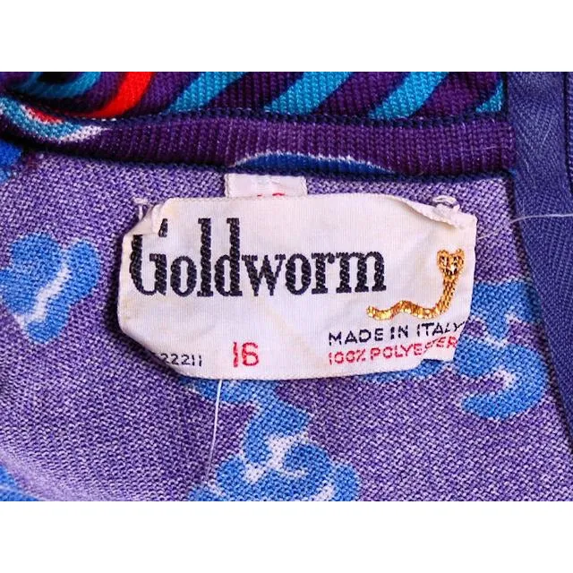 Vintage  Knit Dress Goldworm Dragon Print Blue Made in Italy 1970s M-L
