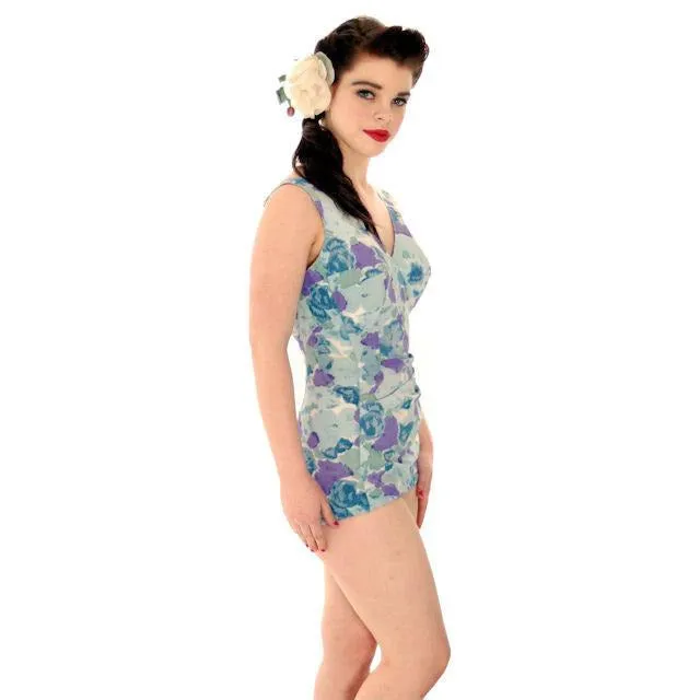 Vintage Ladies 1 PC Swim Suit Floral Patterned Bra 1950s Roxanne Med