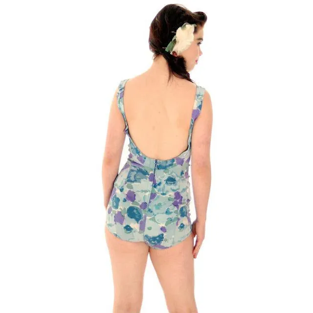Vintage Ladies 1 PC Swim Suit Floral Patterned Bra 1950s Roxanne Med