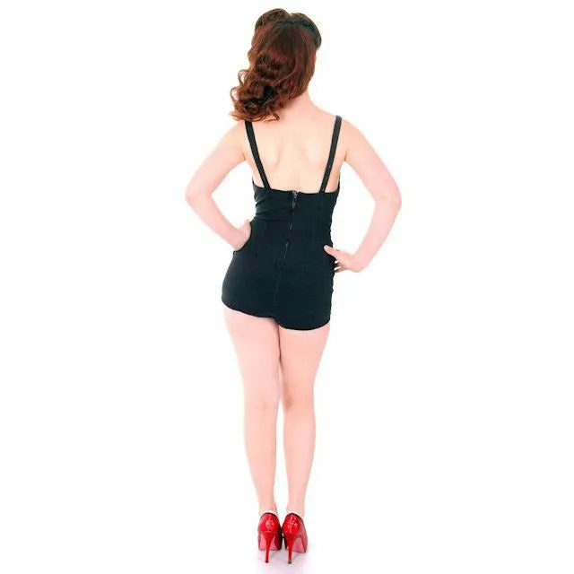 Vintage Ladies Bathing Suit Black Faille Pin Up One Piece 1940s Slimming Style
