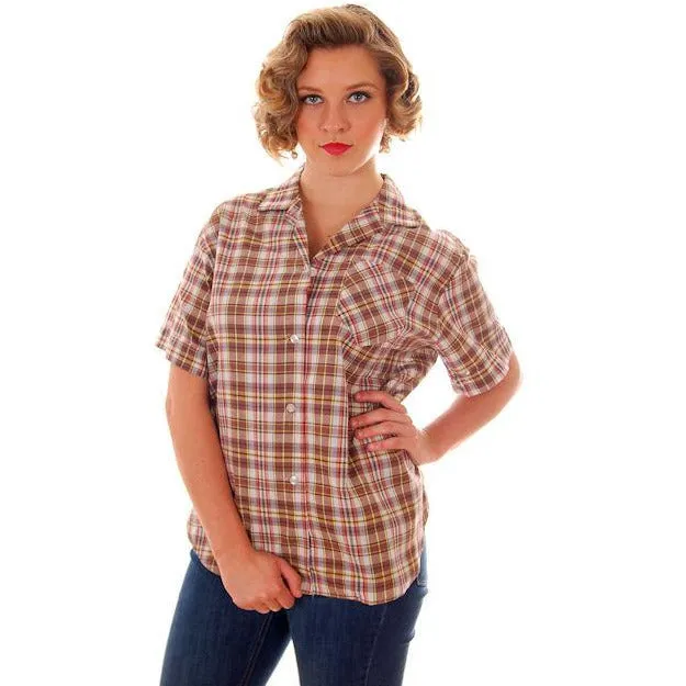 Vintage Ladies Blouse Plaid Short Sleeved NOS L-XL 1950s Kerrybrooke Sears RYG