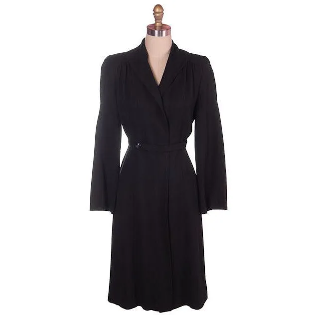 Vintage Ladies Coat Black Faille Lightweight 1940s Unique Front 34-28-38