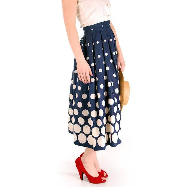 Vintage Ladies Cotton Skirt Blue & White Polka Dots 1940s 26" Waist