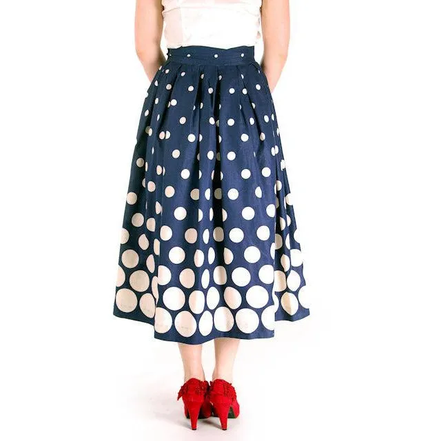 Vintage Ladies Cotton Skirt Blue & White Polka Dots 1940s 26" Waist