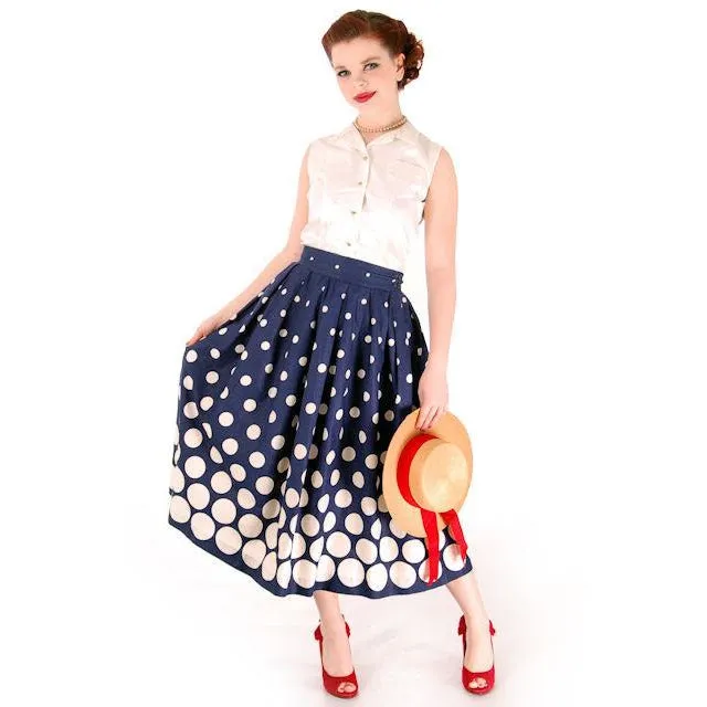 Vintage Ladies Cotton Skirt Blue & White Polka Dots 1940s 26" Waist