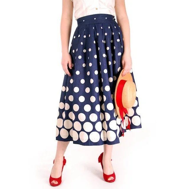 Vintage Ladies Cotton Skirt Blue & White Polka Dots 1940s 26" Waist