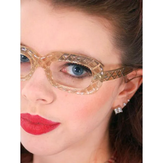 Vintage Ladies Eye Glasses Clear Carved Lucite Rare 1960s Square