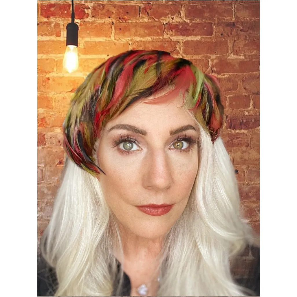 Vintage Ladies  Feather Hat  w/ "Bangs" 1950s Bright Green & Red Norman Durand