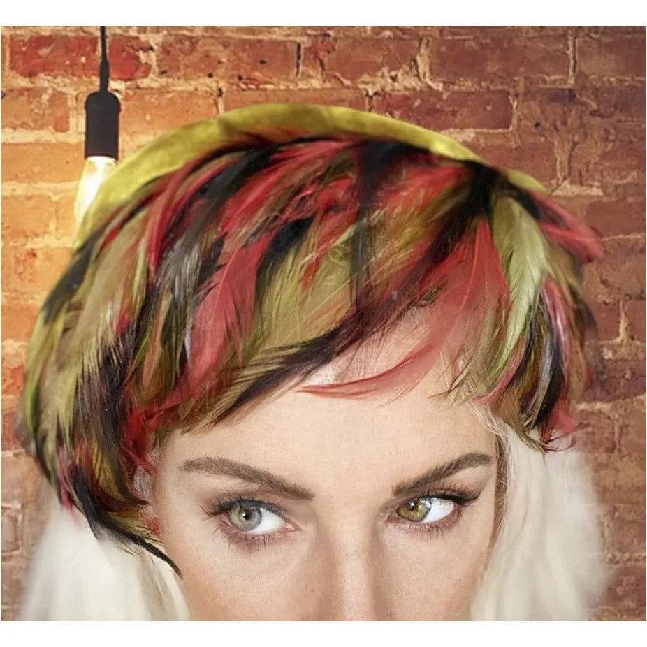 Vintage Ladies  Feather Hat  w/ "Bangs" 1950s Bright Green & Red Norman Durand