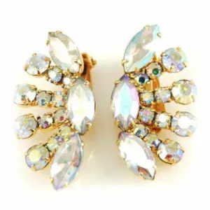 Vintage Large Half Moon Aurora Borealis Clip On Earrings 1950S