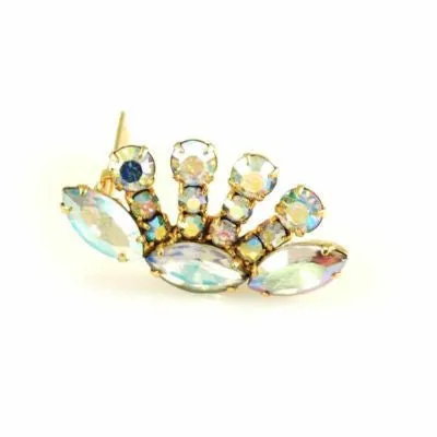 Vintage Large Half Moon Aurora Borealis Clip On Earrings 1950S