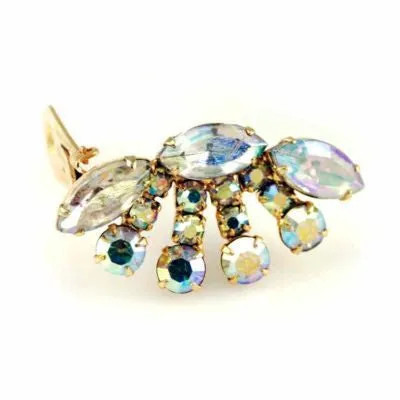 Vintage Large Half Moon Aurora Borealis Clip On Earrings 1950S