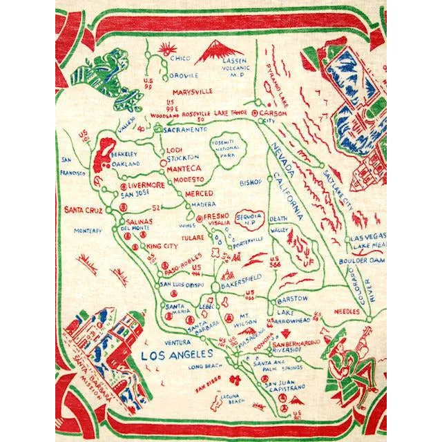Vintage Map Of California Tablecloth 1940s 30 x 34