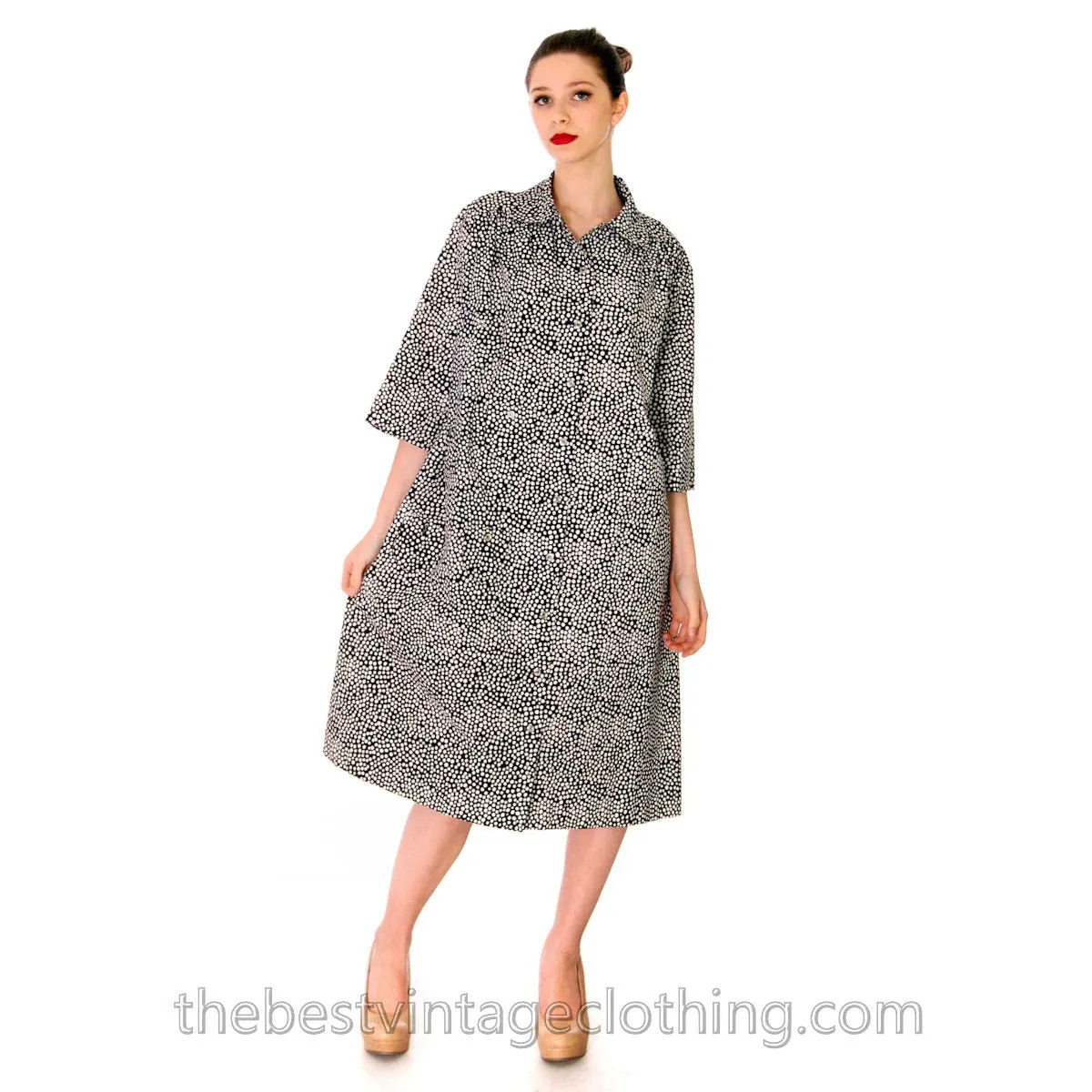 Vintage Marimekko Cotton Shirt Dress Black & White Polka Dots 5 Pockets Sz 10