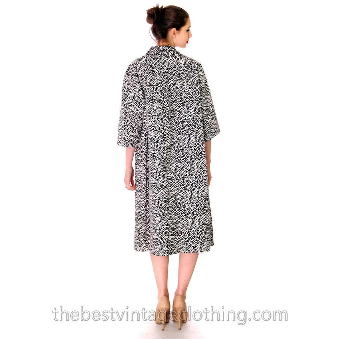 Vintage Marimekko Cotton Shirt Dress Black & White Polka Dots 5 Pockets Sz 10