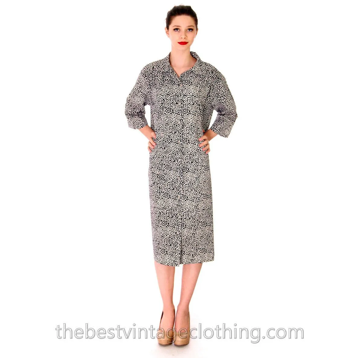 Vintage Marimekko Cotton Shirt Dress Black & White Polka Dots 5 Pockets Sz 10