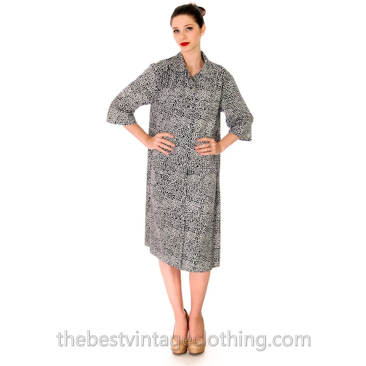 Vintage Marimekko Cotton Shirt Dress Black & White Polka Dots 5 Pockets Sz 10