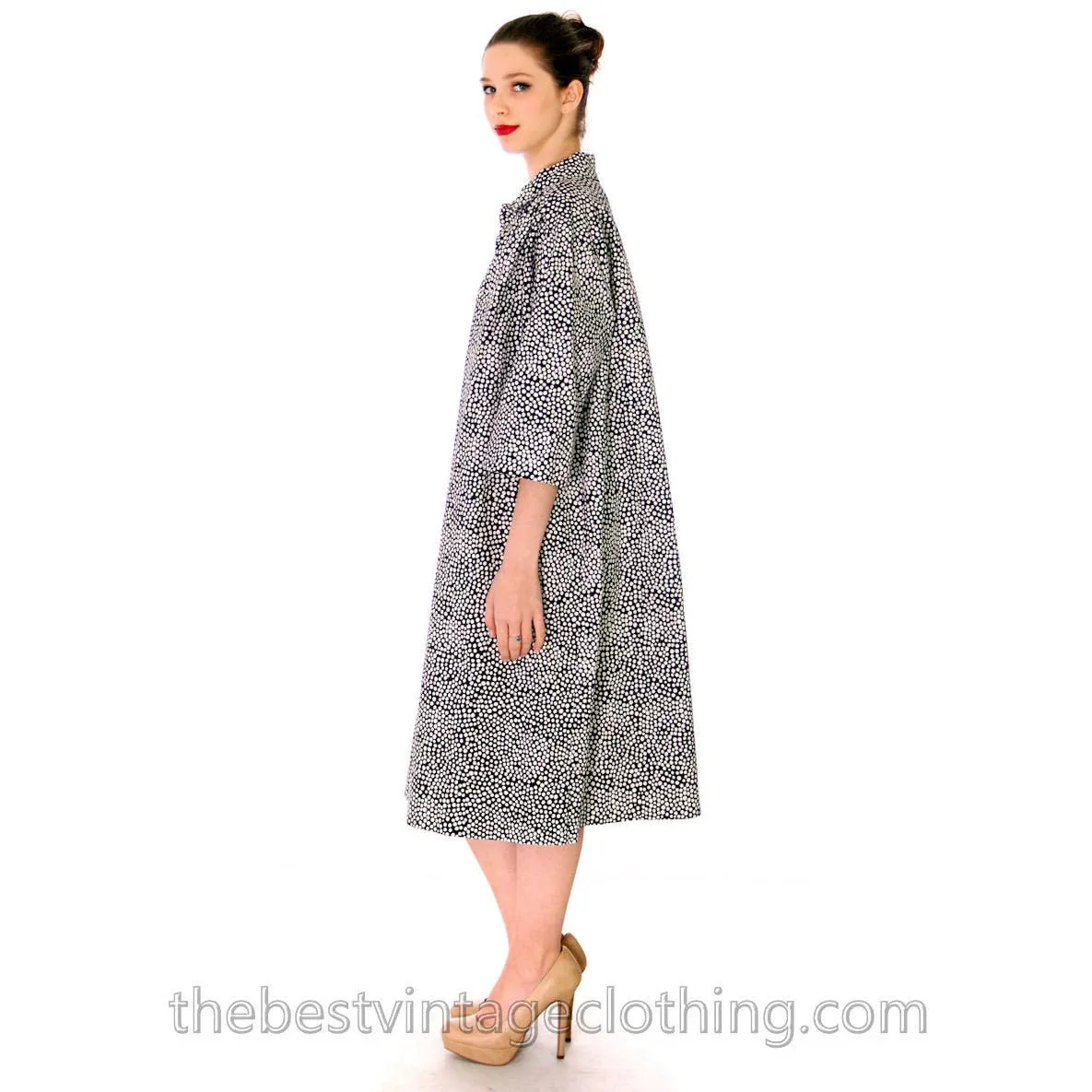 Vintage Marimekko Cotton Shirt Dress Black & White Polka Dots 5 Pockets Sz 10