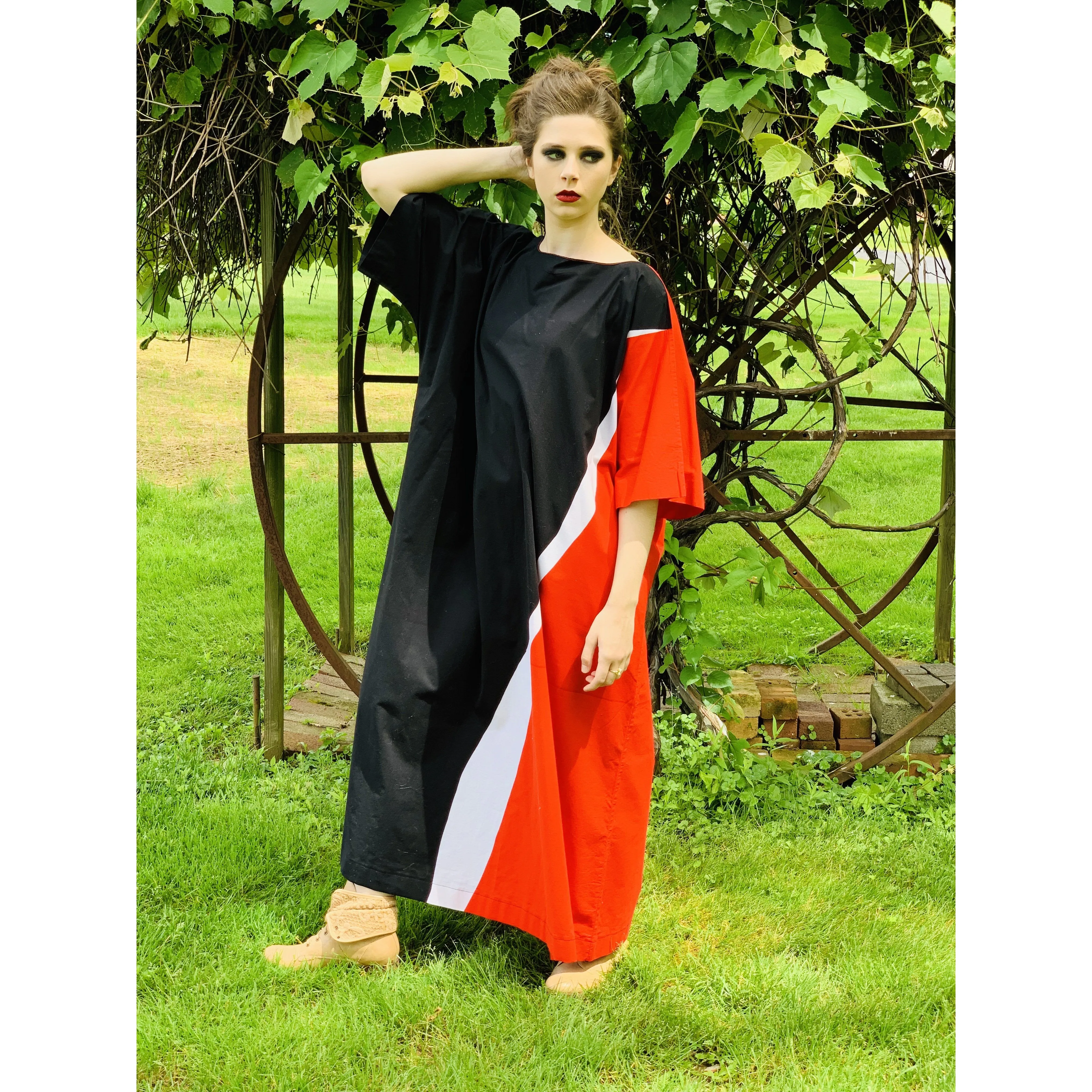 Vintage Marimekko Maxi Gown Red Black Cotton 1976 Sz M Striking