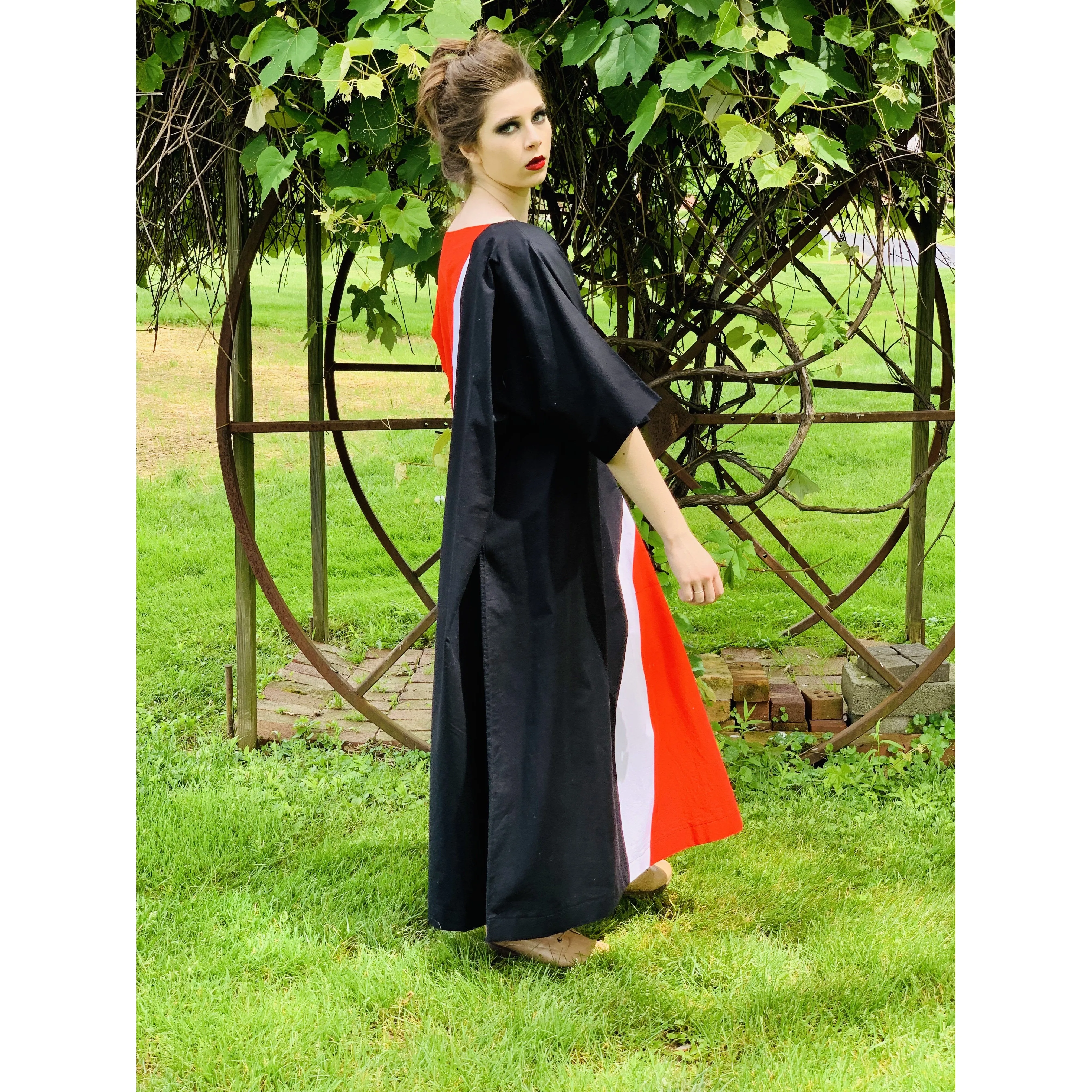 Vintage Marimekko Maxi Gown Red Black Cotton 1976 Sz M Striking