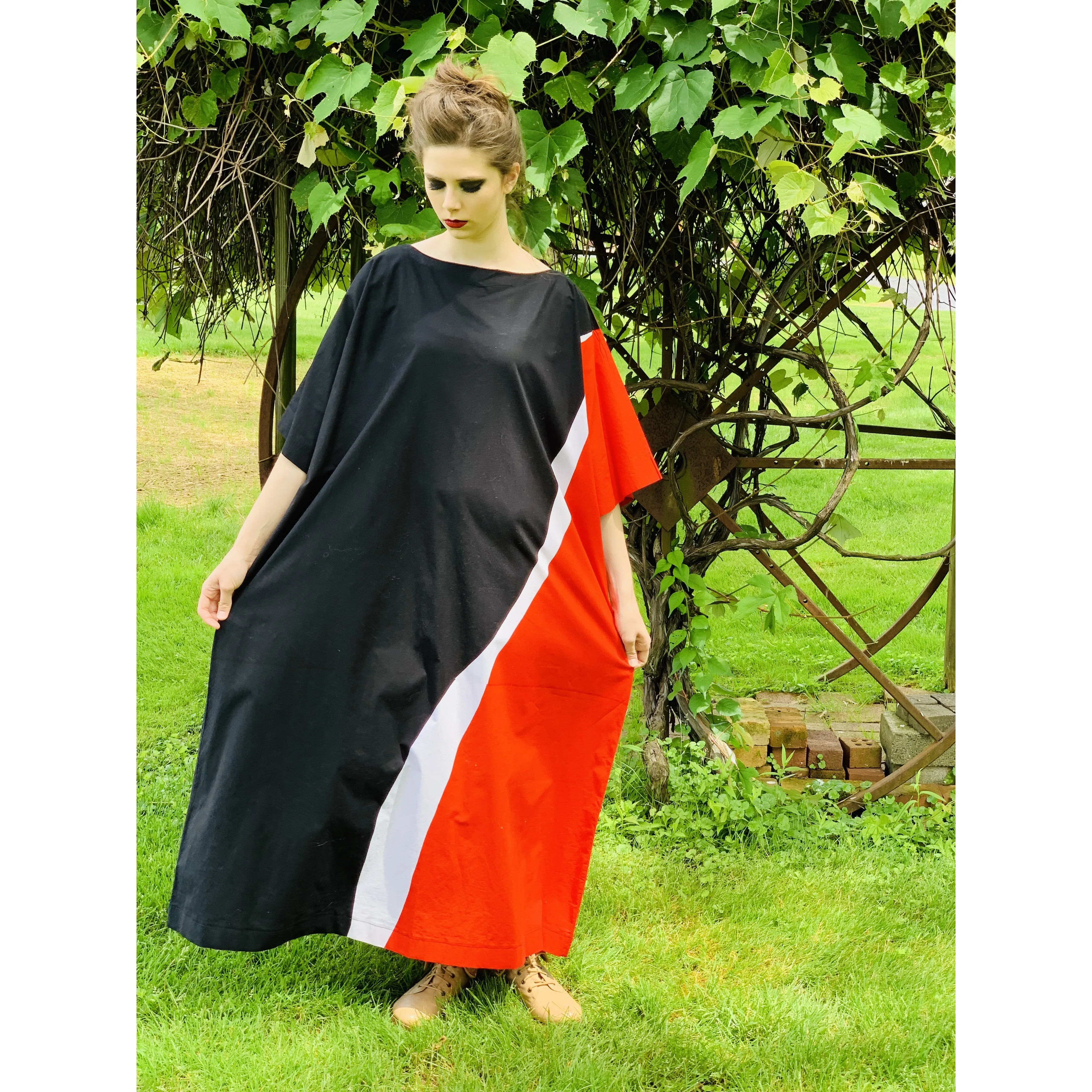 Vintage Marimekko Maxi Gown Red Black Cotton 1976 Sz M Striking