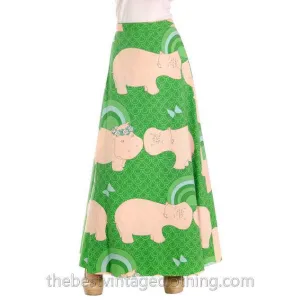 Vintage Maxi Wrap Skirt 1970s Green Fantasy Kissing Hippopotamus Print L
