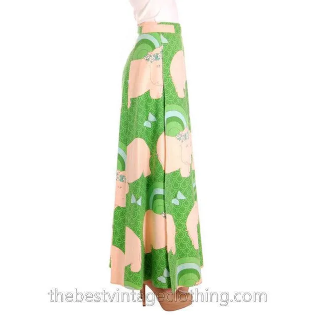 Vintage Maxi Wrap Skirt 1970s Green Fantasy Kissing Hippopotamus Print L