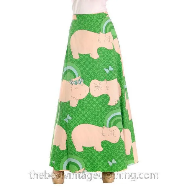 Vintage Maxi Wrap Skirt 1970s Green Fantasy Kissing Hippopotamus Print L
