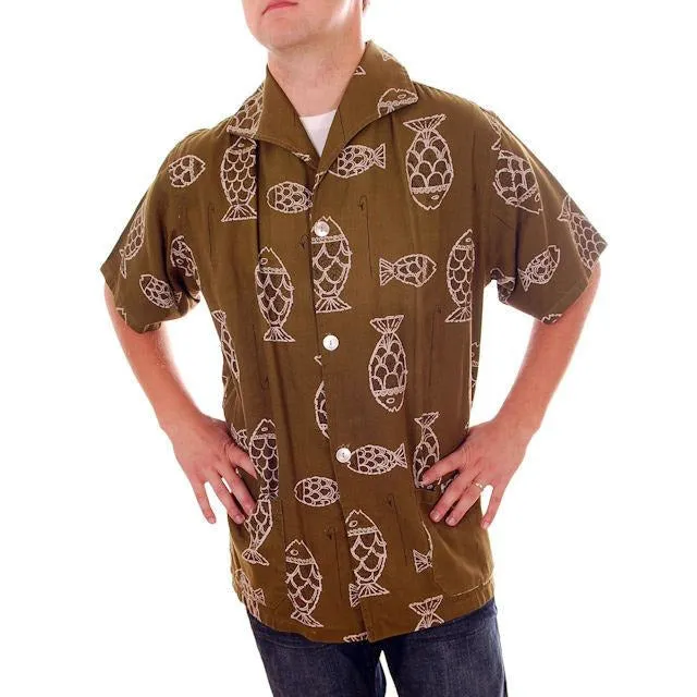 Vintage Mens Ricky Style Shirt 1950s Fish Print Med