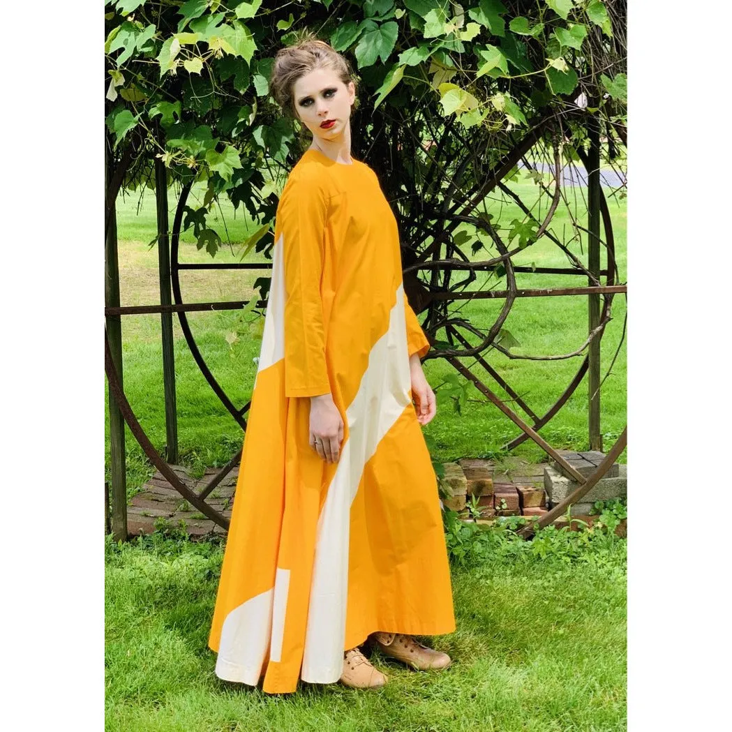 Vintage ”Metsä” Vuokko Nurmesniemi Womens Tent Dress 70s  M EU42 Yellow White Stripe Cotton