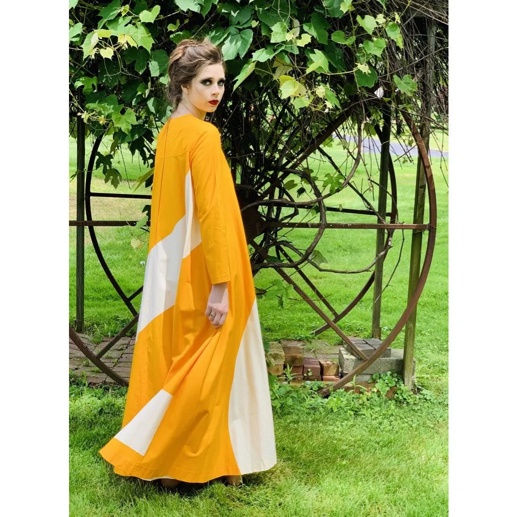 Vintage ”Metsä” Vuokko Nurmesniemi Womens Tent Dress 70s  M EU42 Yellow White Stripe Cotton