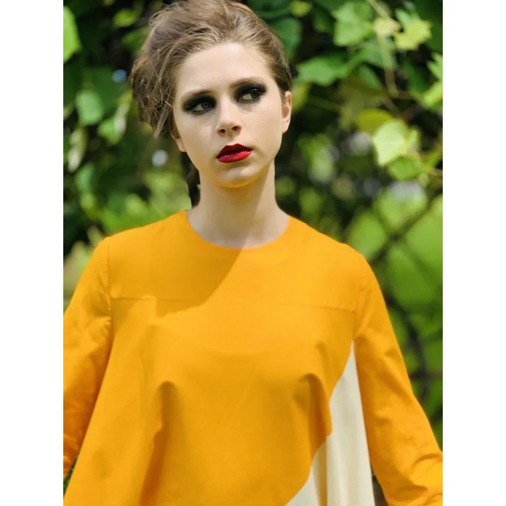 Vintage ”Metsä” Vuokko Nurmesniemi Womens Tent Dress 70s  M EU42 Yellow White Stripe Cotton