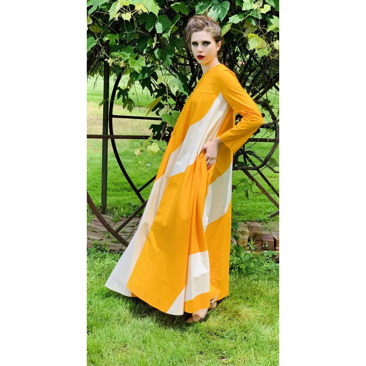Vintage ”Metsä” Vuokko Nurmesniemi Womens Tent Dress 70s  M EU42 Yellow White Stripe Cotton