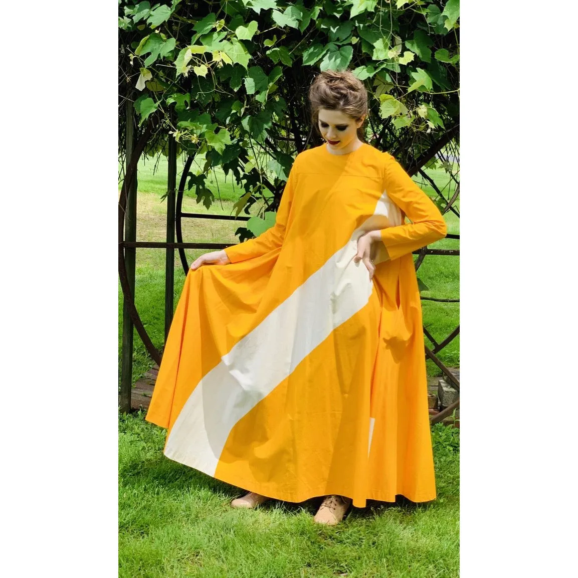 Vintage ”Metsä” Vuokko Nurmesniemi Womens Tent Dress 70s  M EU42 Yellow White Stripe Cotton