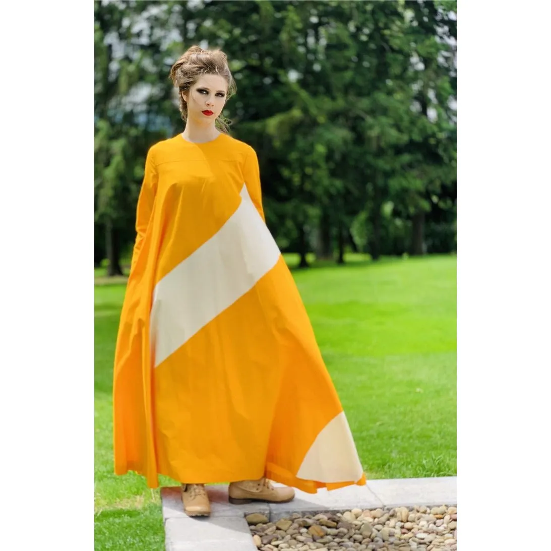 Vintage ”Metsä” Vuokko Nurmesniemi Womens Tent Dress 70s  M EU42 Yellow White Stripe Cotton