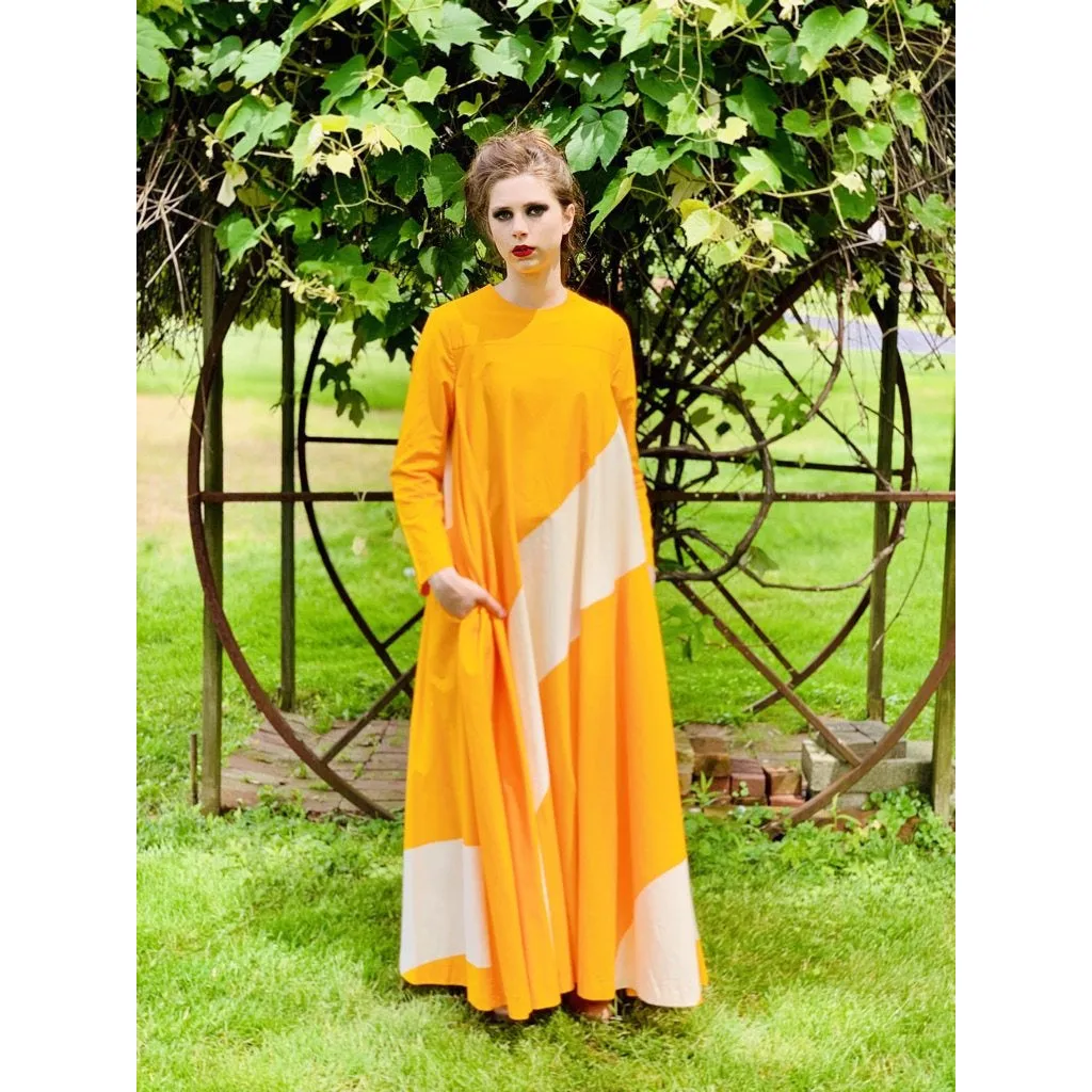 Vintage ”Metsä” Vuokko Nurmesniemi Womens Tent Dress 70s  M EU42 Yellow White Stripe Cotton