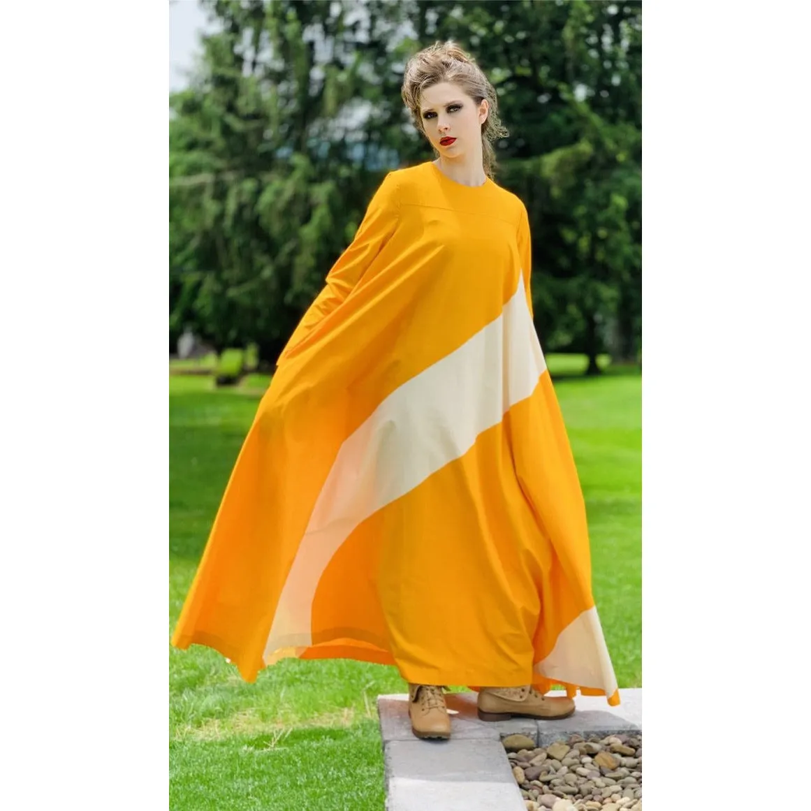 Vintage ”Metsä” Vuokko Nurmesniemi Womens Tent Dress 70s  M EU42 Yellow White Stripe Cotton
