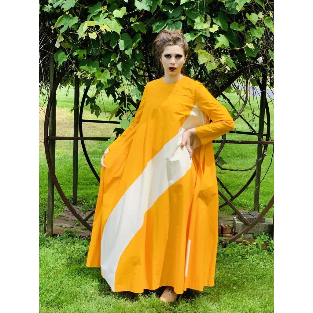 Vintage ”Metsä” Vuokko Nurmesniemi Womens Tent Dress 70s  M EU42 Yellow White Stripe Cotton
