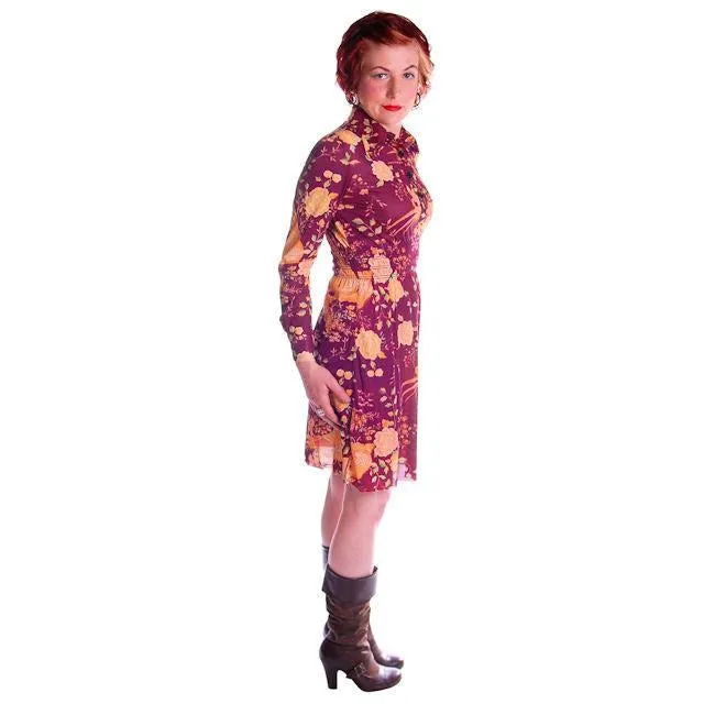 Vintage Mini Polyester Bird Print Dress/Tunic 1970s S