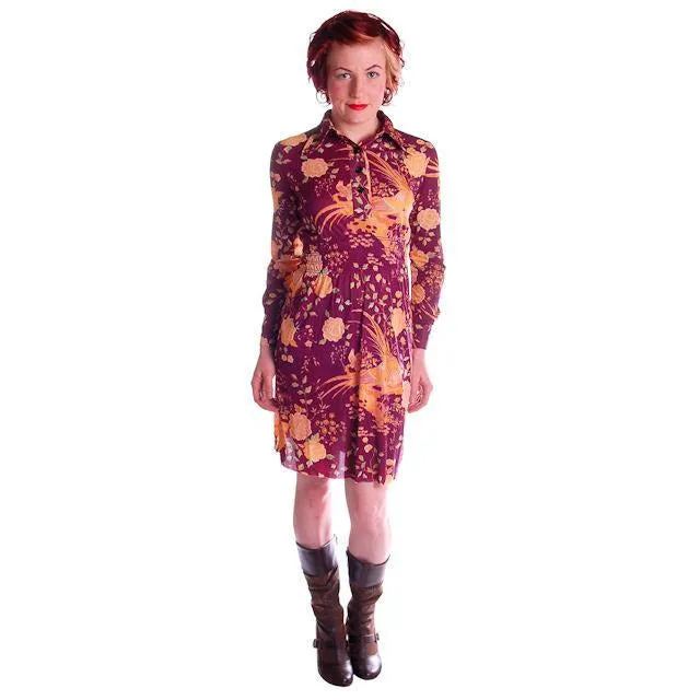 Vintage Mini Polyester Bird Print Dress/Tunic 1970s S