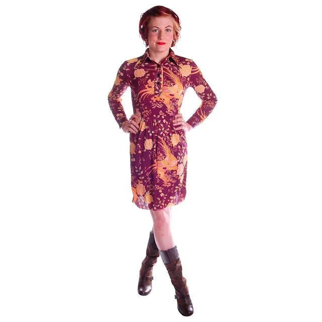 Vintage Mini Polyester Bird Print Dress/Tunic 1970s S