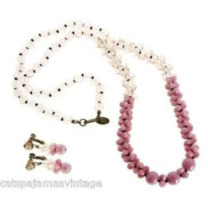 Vintage Miriam Haskell Necklace 28" Strand Dark Pink Opaque/ Sheer Glass & Earrings Metal Tag