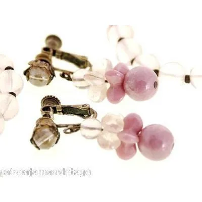 Vintage Miriam Haskell Necklace 28" Strand Dark Pink Opaque/ Sheer Glass & Earrings Metal Tag