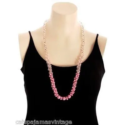 Vintage Miriam Haskell Necklace 28" Strand Dark Pink Opaque/ Sheer Glass & Earrings Metal Tag