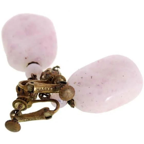 Vintage Miriam Haskell Necklace & Ears Pink Poured Glass Large Beads